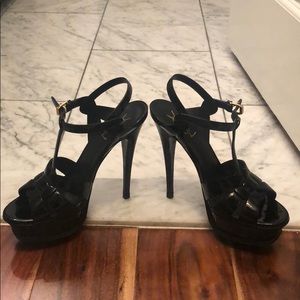 YSL BLACK PATENT TRIBUTE SANDALS